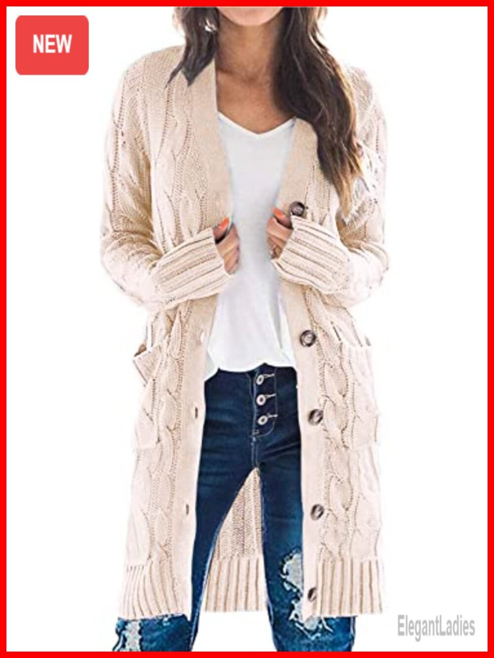 Cable Knit Button Long Cardigan Sweater with Pockets